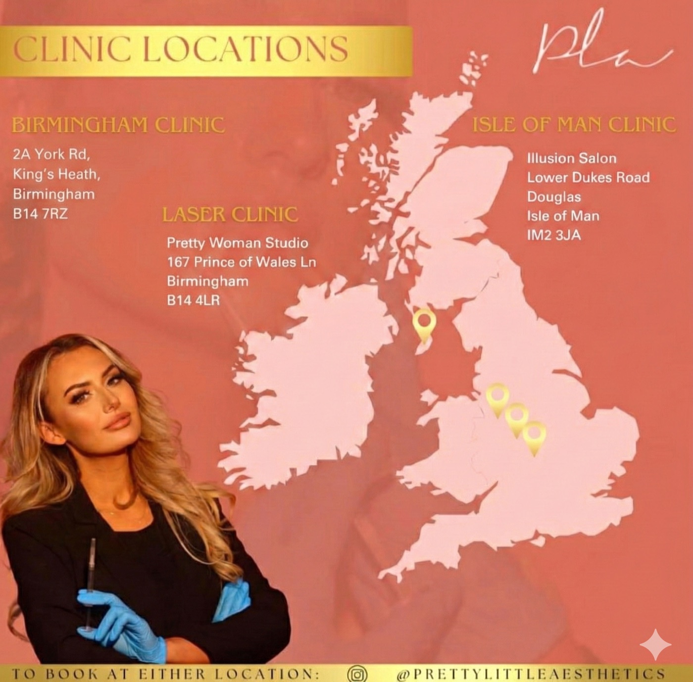 PLA clinic locations: Kings Heath, Birmingham and Ballasalla, Isle of Man